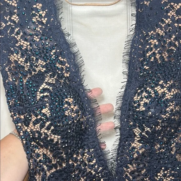 Navy Blue Evening Gown Nude Lining with Lace Overtop Beaded Plunging Neckline - Picture 4 of 16